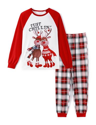 PATPAT Pijama de Natal combinando para a família, estampa de rena vermelha, manga comprida, calça xa