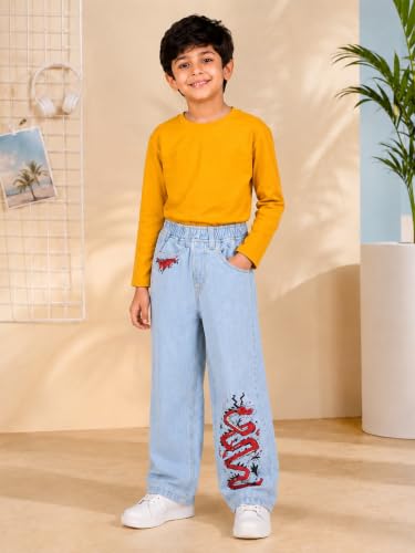 Image of KiddoPanti Boys Baggy Jeans | Stretch Denim Wide Leg Jeans | Elastic Waist Casual Denim Pants | Cotton Blend Loose Fit with 4 Pockets | Kids Street wear | 2-14 Years