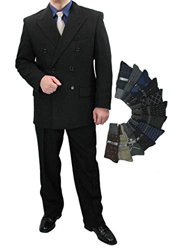 Sharp Hand Tailored 2Pc Men Double Breasted Dress Suit W/1 Pair Of Socks - Black 52L #TOP17