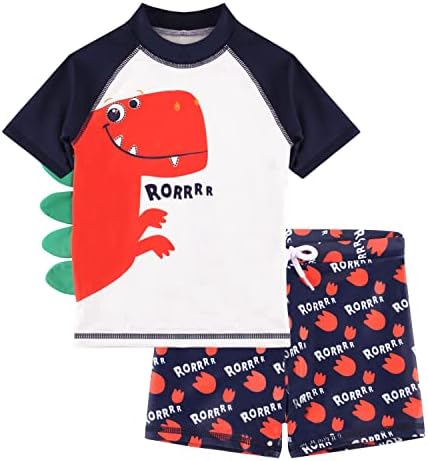 Dilon Toddler Baby Boys Swimsuit Dinosaur Bathing Suits Set-Two Piece Short Sleeve Rashguard Swimwear & Swim Trunks Set(Dinosaur,3-4T)