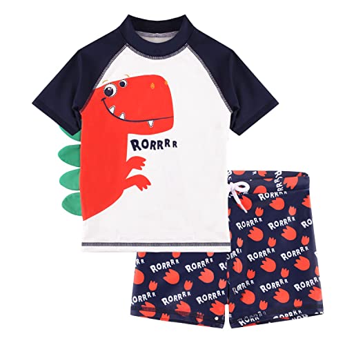 Dilon Toddler Baby Boys Swimsuit Dinosaur Bathing Suits Set-Two Piece Short Sleeve Rashguard Swimwear & Swim Trunks Set(Dinosaur,3-4T) #TOP5
