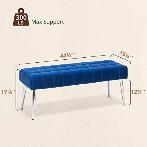 Lue Bona 44.5” Ottoman Bench, Velvet Tufted Upholstered Bedroom Bench, Modern Footrest Stool Accent Bench With Metal Legs For Hallway, Entryway, Dining Room, End Of Bed, Foyer, 300Lb, Royal Blue #TOP1
