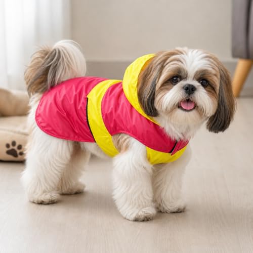 Image of Waterproof Dog Raincoat with Hood | Double Coloured Red-Yellow | Adjustable Velcro | Extra Coverage | Easy to Carry Pouch | for Small, Medium and Large Breed Dogs (Mini Adult (XL))