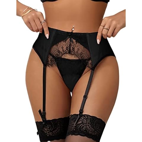 Women Lace Garter Belt Plus Size Suspender Belt Mesh Lingerie Set with 4 Adjustable Straps and G String Cover