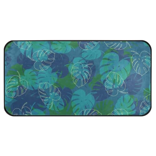 Akiraki キッチンマット 台所マット 洗える 滑り止め ラグカーペット 玄関 おしゃれ 葉 アロハ ハワイ ブルー 青 エレガント 北欧 抗菌 撥水 廊下マット 丸洗い 折り畳み すべり止め