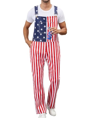 Men's American Flag Bib Overalls with Zipper Denim Romper Adjustable Straps USA Onesie 4th of July Jumpsuit