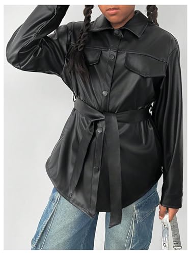 Girl's Fax PU Leather Jacket Button Down Long Sleeve Collared Coat Outerwear3