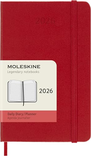 Moleskine Agenda Diaria, Agenda Diaria 2026 12 Meses, Con Tapa Dura y Cierre Elástico, Formato Pocket 9x14 cm, Color Rojo