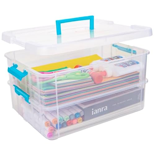 2 Layer Plastic Storage Containers with Lids, Multipurpose Clear Stack & Carry Box, Portable Craft Organizers and Storage Bin for Organizing Art & Craft, Sewing, Makeup, Nail Supplies (Blue)