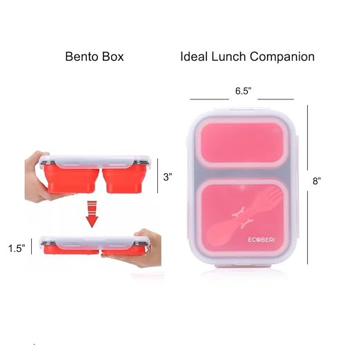 Ecoberi Collapsible Bento Box, Lunch Box 2 Compartment, Premium Silicone, Bpa Free, Airtight Snap-Top Lid, Microwave And Dishwasher Safe, Set Of 2 #TOP4