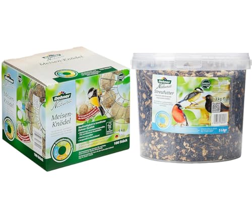 Dehner Natura Wildvogelfutter, Meisenknödel, ohne Netz, im Karton, 100 Stück (10 kg) & Natura Wildvogelfutter, Streufutter im Eimer, 3 kg