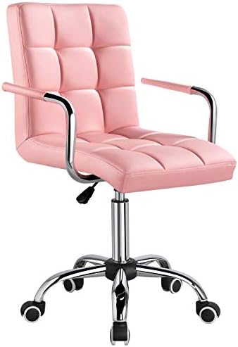 Yaheetech Desk Chairs with Wheels/Armrests Modern PU Leather Office Chair Height Adjustable Home Computer Executive Chair on Wheels 360° Swivel - Pink