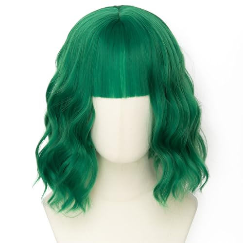 Luxiremi Perücken Grün 12 Zoll Kurz Schulterlang Lockig Gewellt Bob mit Pony Synthetische Cosplay Perücken für Frauen Karneval