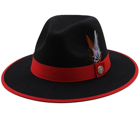 GRNUS Unisex Fashion Feather Decor Wool Fedora Cap, Wide Brim Winter Gangster Gentleman’s Hat Jazz Hat (as1, Alpha, m, Black) Cover