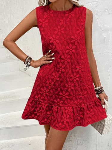 Image of SOLY HUX Women's Ruffle Hem Sleeveless Tank Dress Round Neck Casual Jacquard Hem Smock Summer Mini Dresses