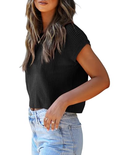 LCXWFE Womens Summer Cropped Sweater Vest Trendy Cap Sleeve Crop Tops Crew Neck Loose Knit Tank Top3