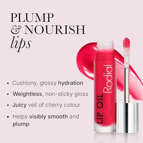 Image of Rodial Plumping Collagen Lip Oil Cherry 0.13fl.oz, Vegan Collagen-Infused Lip Oil with Macadamia and Jojoba Oil, Deep Hydration for Fuller-Looking Pout, Ultra-Nourishing Formula