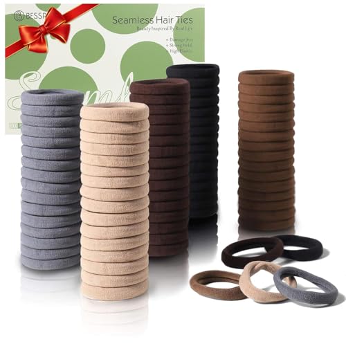 Bessrung 100 Pcs Thick Seamless Brown Hair Ties, Ponytail Holders Hair Accessories for Women Girls No Damage for Thick Hair Daily Use(Natural Colors)