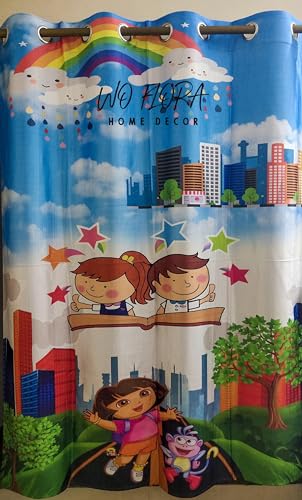 Image of 3D Printed Dora Theme School Curtains for Kids Room /Playschool Window Curtains, 4x9 feet Set of 3 pcs