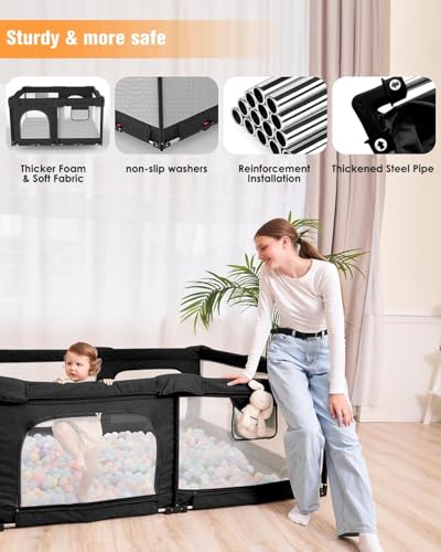 Image of Veraste Foldable Baby Playpen with Gate, Extra Large Collapsible Play Yard for Babies & Toddlers, Portable Travel Playpen, Baby Activity Center for Indoor & Outdoor Use (Black 51 inchx51 inch)