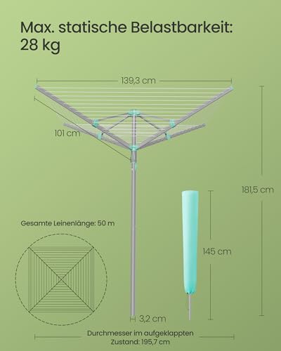SONGMICS Wäschespinne, Wäscheständer, drehbar, klappbar, draußen, Garten, mit Wäscheklammern, Schutzhülle, silbern, 50 m Wäscheleine, für 5 Waschladungen LLR307EZ01