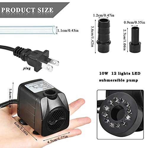 Image of BUYGOO 10Watt 160 GPH Submersible Fountain Pump wiht LED Light Ultra Quiet Small Fountain Water Pump Outdoor for Water Feature, Outdoor Pond, Aquarium fish tanks, Home Decor Fountain