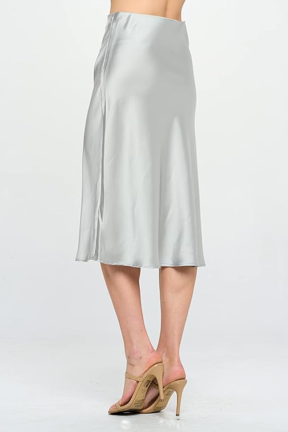 Women Solid High Waist Silky Casual Elastic Satin Midi Skirt -Made in USA (Available in Plus Size) - Image 8
