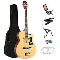 Complete Acoustic Guitar Set: Includes a full-size acoustic guitar, padded gig bag, guitar strap, tuner, capo, 5 guitar picks, and 6 spare strings. Stylish Design: The guitar features a classic black finish with a star and silhouette design, giving i...