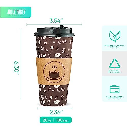 JOLLY PARTY Disposable Coffee Cups with Lids, Sleeves and Straws - 20oz(50 Pack) Paper Cups with Lids, Durable, BPA Free Hot Coffee Cups for Shops, Cafes, and Concession Stands(Dark Brown)