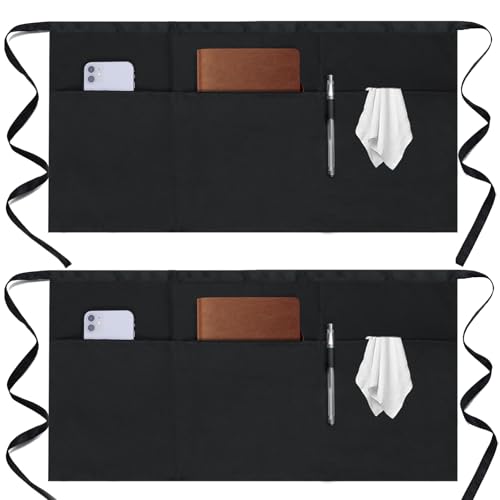 Gxrnydb 2 Pack Server Apron - Waist Half Aprons for Waitress with 3 Pockets Black Short Serving