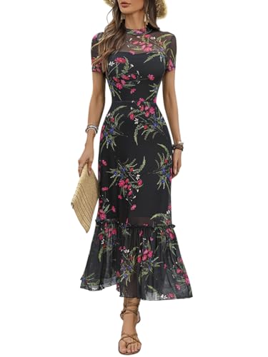 Image of GothDark Women's Summer Floral Mesh Ruffle Dress Short Sleeve Round Neck Waist Cinched Casual Maxi Wedding Guest Dresses