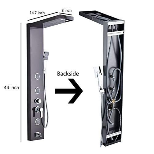 Panel de ducha de torre en acero inoxidable con sistema de lluvia y cascada, grifo de 5 funciones y masaje corporal con chorros miniatura 7