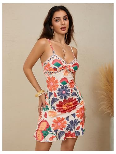 Image of Floerns Women's Summer Tropical Twist Front Ruched Ruffle Hem Bodycon Cami Dress