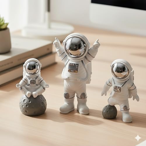 Image of REWOP Astronaut Figurine Set of 3 - Cute Space Theme Desk Decor, Moon Surface Resin Statues for Home, Office, Car Dashboard, Gift for Kids & Space Lovers (Silver)