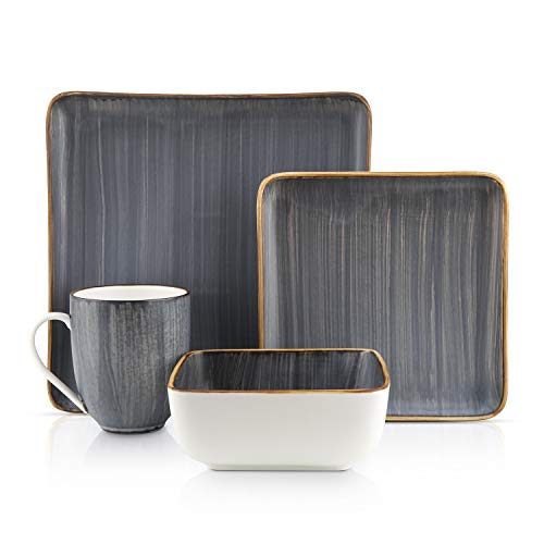 Stone + Lain Esmeralda Porcelain Dinnerware Set, Service For 4, 16 Pieces Square Grey Brushed Design #TOP6