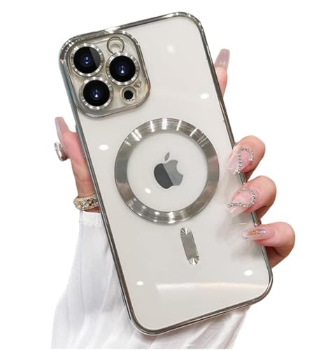 Image of VONZEE Clear Logo Electroplating Transparent Case for iPhone 14 Pro Max Case 6.7 inch 2022, Luxury Electroplated TPU Cover, Individual Camera Protection for Each Lens Bumper Case (Silver)