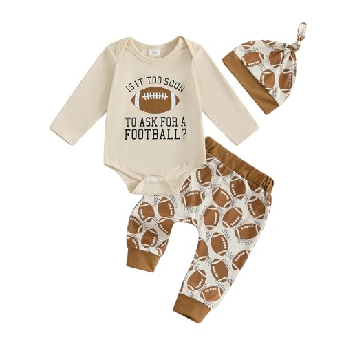 Image of Fufuriprefer Newborn Baby Boy Football Outfits Long Sleeve Rugby Print Romper Tops Pant Hat 3 Pcs Set Fall Winter Clothes