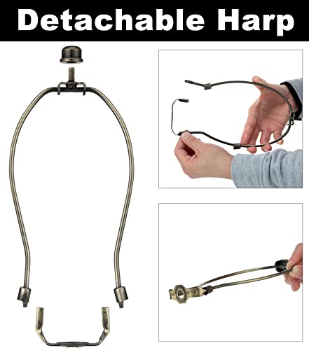 8 Inch Lamp Harp Holder Kit with Finial and Detachable Light Duty Saddle Base, Set of 2 DIY Lighting Accessories Horn Frame Lampshade Bracket for Table and Floor Lamp (Antique Brass)