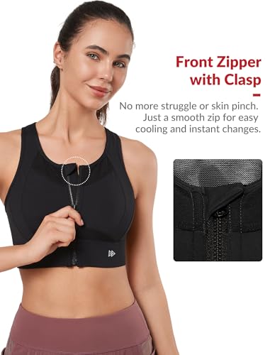 Image of Yvette Women's Sports Bra Front Zipper High Impact Support Mesh Racerback | Plus Size Friendly,Sewn-in Pads Stay Put,Wirefree & Supportive,Breathable,Secure Zip Closure,For Large Bust,Running,Gym,HIIT