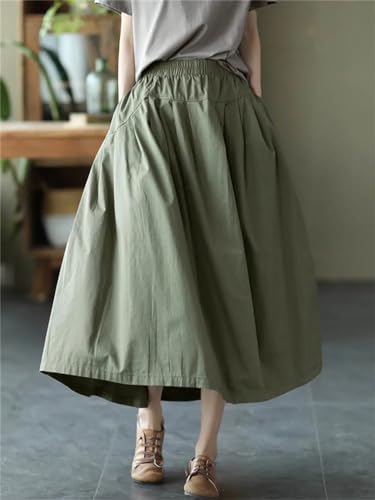 Womens Spring Solid Loose Leisure A-Line Skirts Ladies Elastic Length Mid-Calf Skirt3