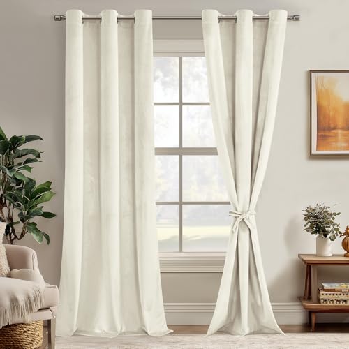 JIUZHEN Ivory Velvet Blackout Curtains 84 Inch for Living Room/Bedroom