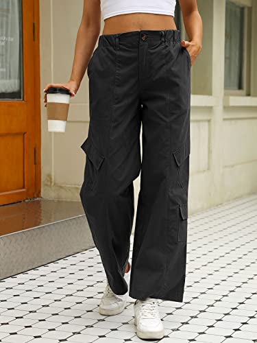 Automet Womens Cargo Pants Baggy Y2K Jeans Low Waist Parachute Pants Teen Girls Wide Leg Pants Trendy Clothes Hiking Trousers With Pockets Black #TOP1