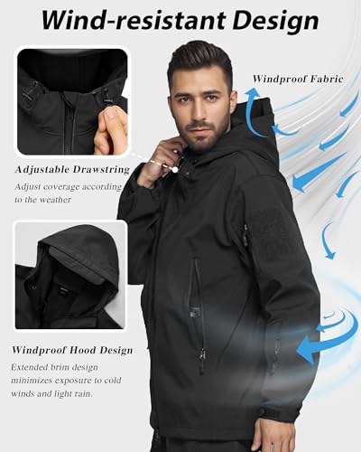 Image of Men's Tactical Fleece Lined Jacket Softshell Military Hooded 7 Pockets Windproof Outdoor Work Rain Coats Black M