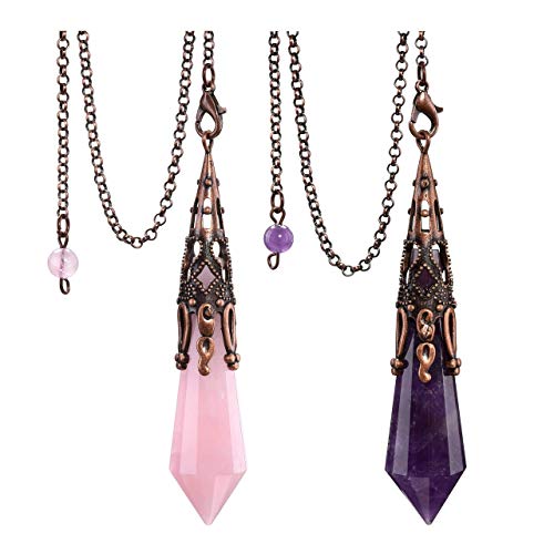 JSDDE Schmuck 2er Natur Edelstein Pendel Heilsteine Vintage Blume wire wrap Pendulum Pendel Anhänger mit Kette für Reiki Heilung Dowsing Scrying Balance Armband (Amethyst+Rosenquarz)