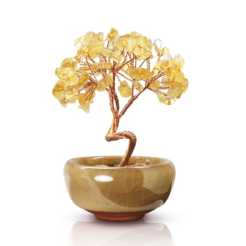 Janyortrenner Mini Citrine Crystal Money Tree,Wealth Home Office Desk Decor,Handmade Copper Wire in Crackle Ceramic Base,Feng Shui Office Gift