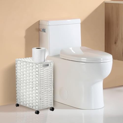 Hiagnete Toilet Paper Storage Basket with Lid and Wheels, Rattan Toilet Paper Holder Storage, Toilet Paper Organizer for Bathroom, Bedroom, Kitchen, 12.6”L x 7.1”W x 17.14”H, White - Image 2