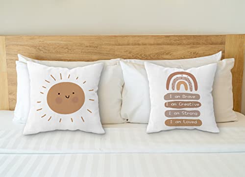 Fldas Inspirational Quote I Am Brave Creative Strong Loved Decorative Throw Pillow Covers,Boho Sun Sunshine Rainbow Pillow Cases Cushion For Home Kids Room Nursery,Kids Teens Gifts,18×18 Inch Set Of 2 #TOP2