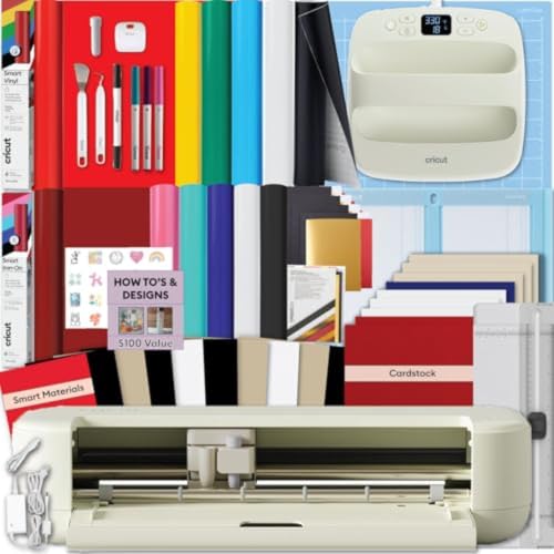 Image of Cricut Explore 5 Essential Bundle with Multicolor Sampler + EasyPress 9x9 | All-in-One Kit for Stickers, T-Shirts & Custom Apparel - Includes Multicolor Smart Vinyl & Iron-On, Heat Press & Cardstock