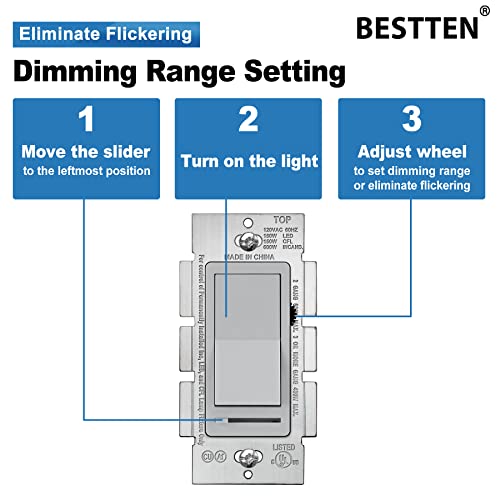 [6 Pack] Bestten Dimmer Switch, 3 Way Or Single Pole, For Dimmable Led Light, Halogen And Incandescent Bulbs, Ul Listed, Gray #TOP2