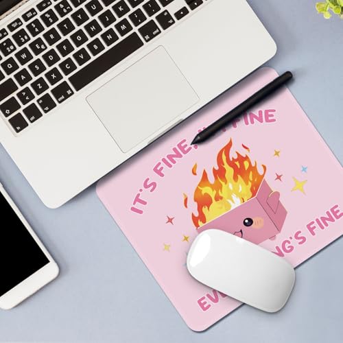 Image of FROGIGO Mouse Pad with Stitched Edges - Funny Mousepad for Women, 9.25 x 7.75 inch Washable Square Desk Pad, Non-Slip Rubber Base, Office Home Laptop Accessories - Pink Box on Fire